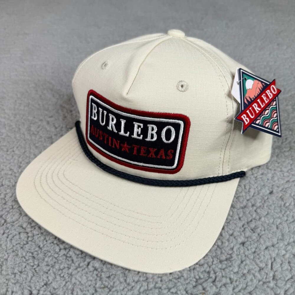 Burlebo Hat Cap Snap Back Putty White Austin Texas Patch 5 Panel Rope Mens NWT